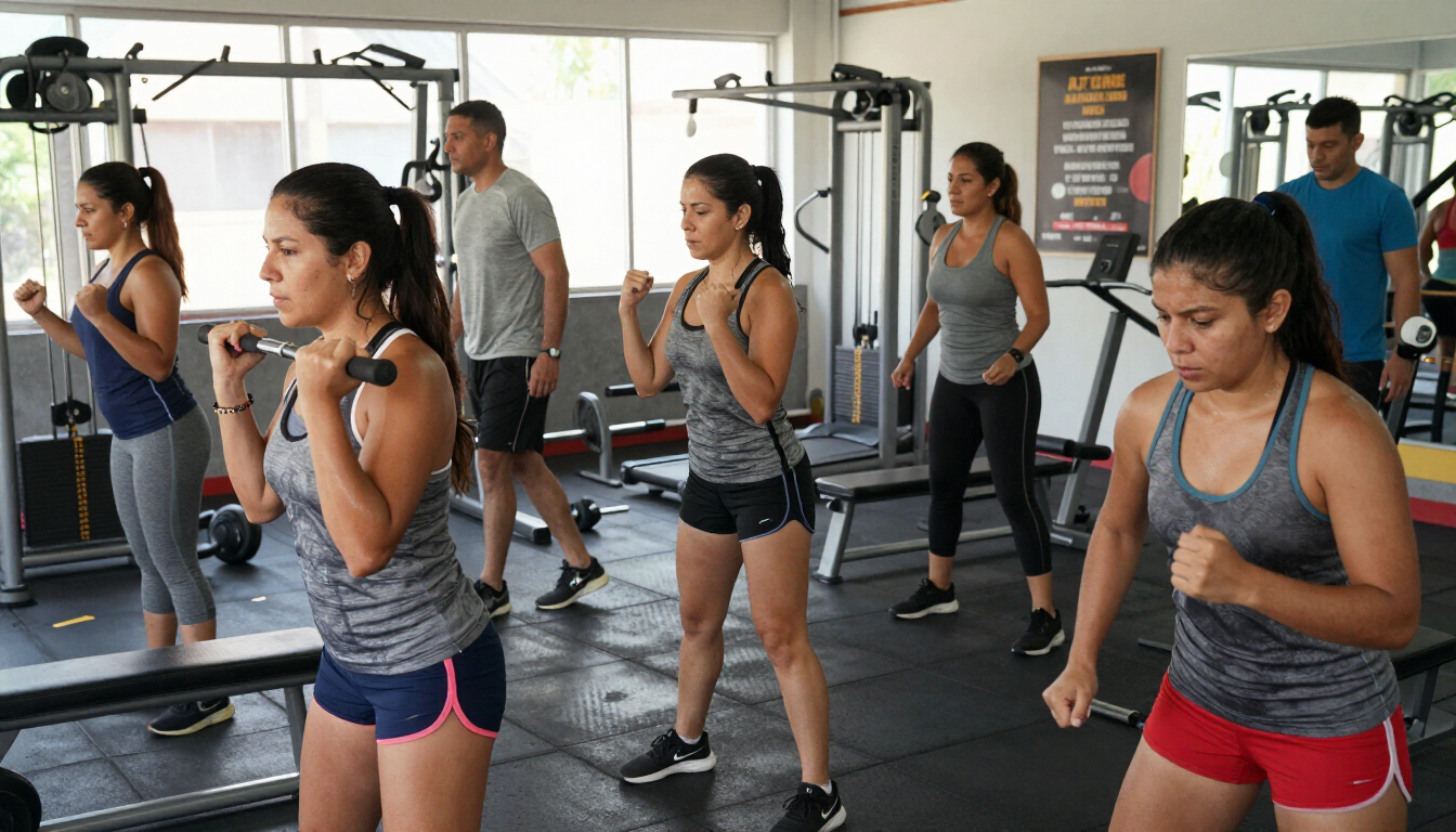 Personas haciendo ejercicio en cintas de correr y máquinas de remo en un gimnasio luminoso con suelos de madera y espejos.