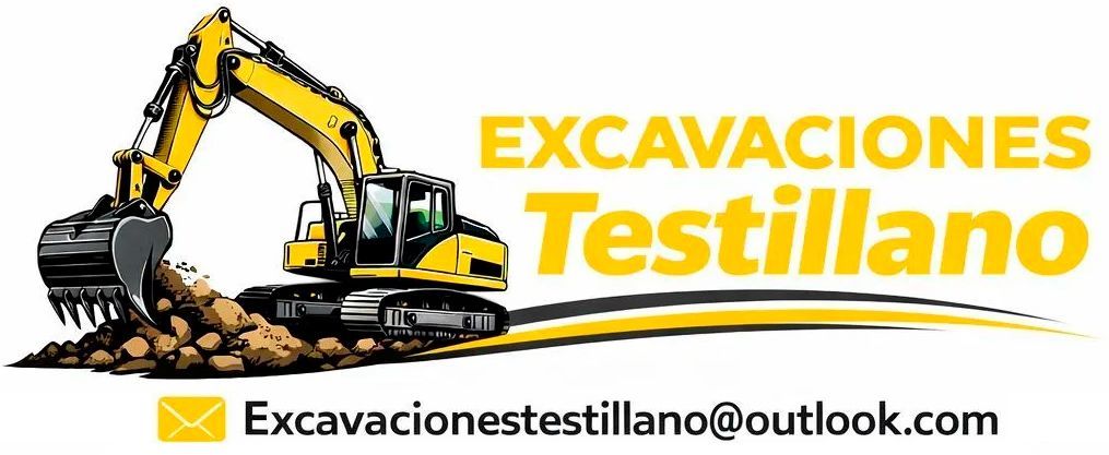 Excavadora amarilla excavando. Nombre de la empresa: Excavaciones Testillano. Informaci&oacute;n de contacto incluida.