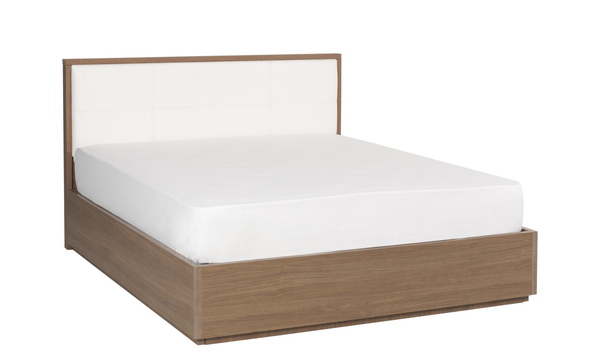 Una cama con un colchón blanco y un marco de madera sobre un fondo blanco.