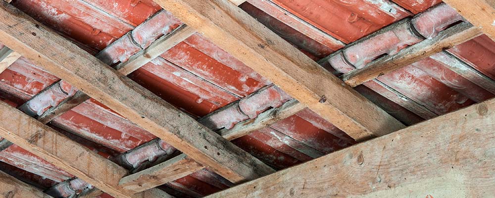 Vue dans les combles d'une vieille charpente usée par l'humidité