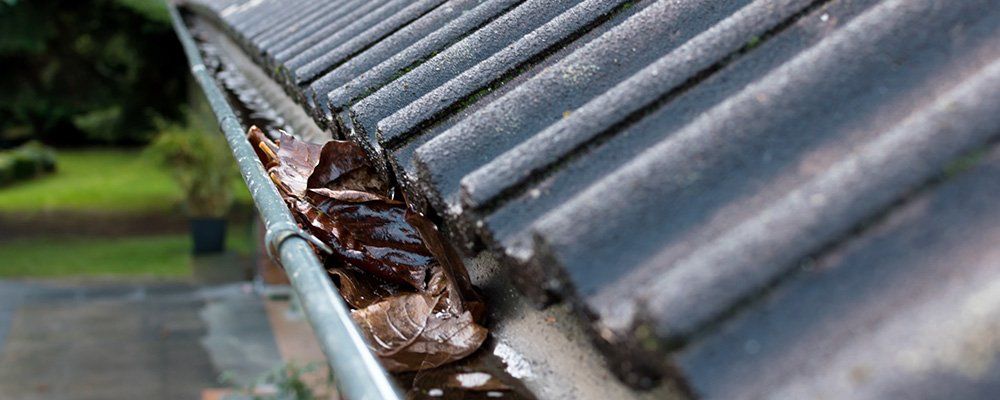 Une gouttière le long d'un toit qui est remplie de feuilles mortes