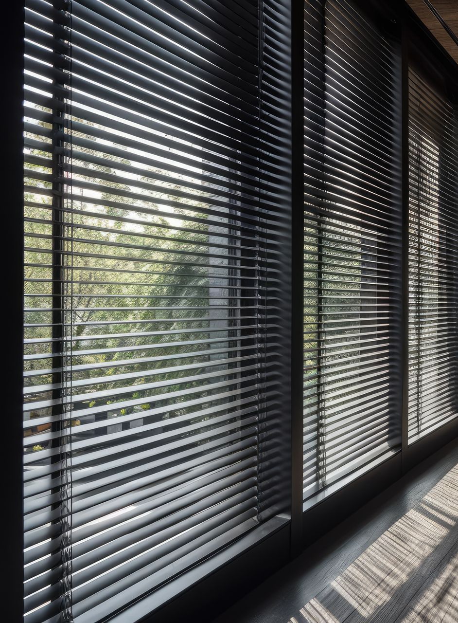 Eine Nahaufnahme eines Fensters mit Jalousien.