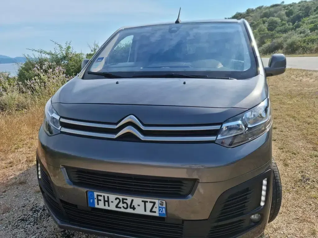 Vue de face d'une camionnette Citroën grise garée en plein air, au bord d'une route ensoleillée.
