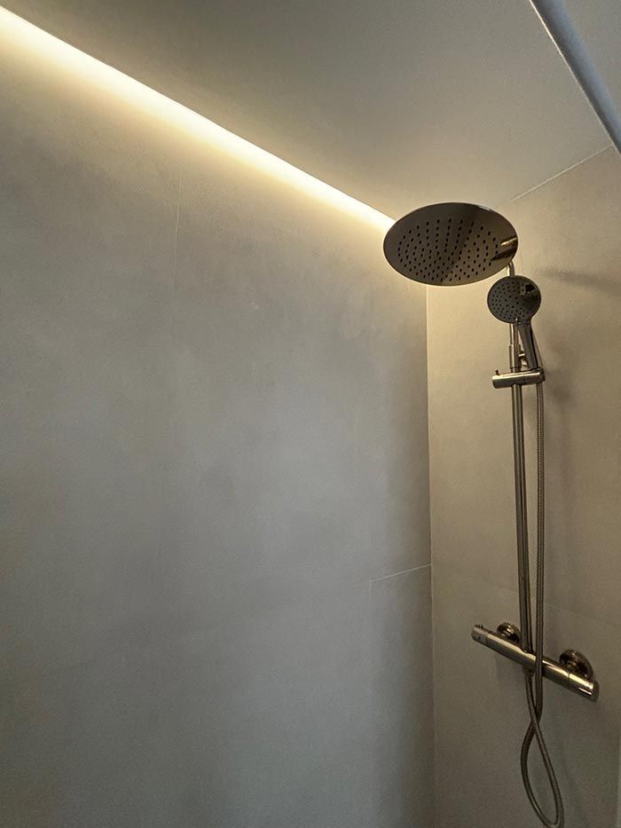 Un cabezal de ducha cuelga del techo en un baño.