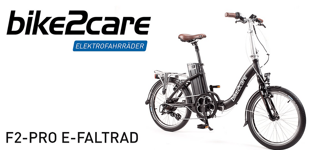 Auf weißem Hintergrund ist ein Bike2Care F2 Pro E-Faltrad abgebildet.