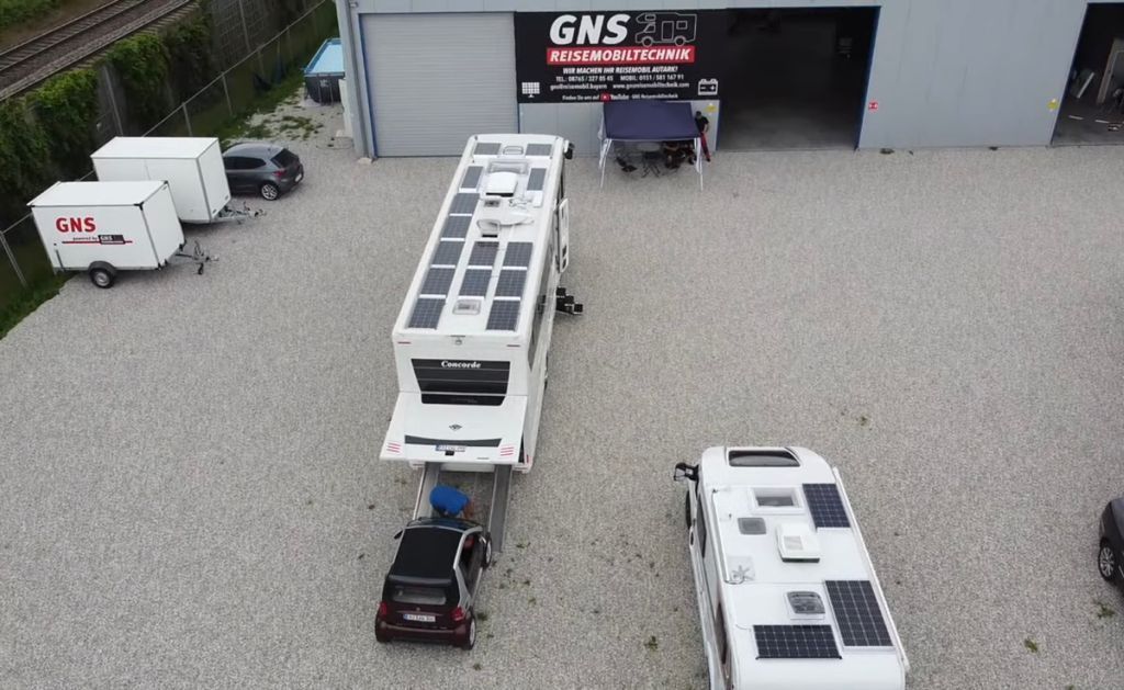 Eine Luftaufnahme eines vor einem Gebäude geparkten Wohnmobils.