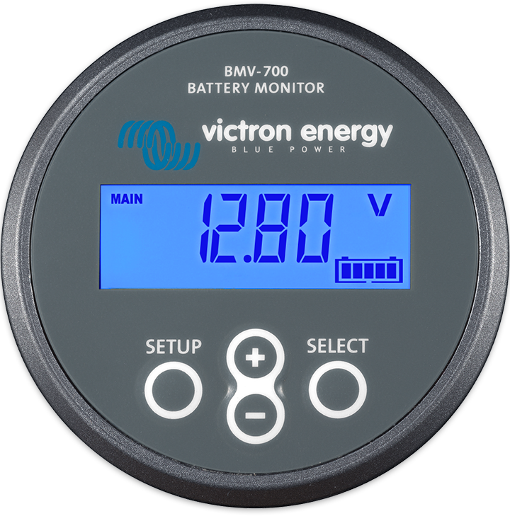 Ein Victorn Energy Batteriemonitor mit einem blauen Bildschirm