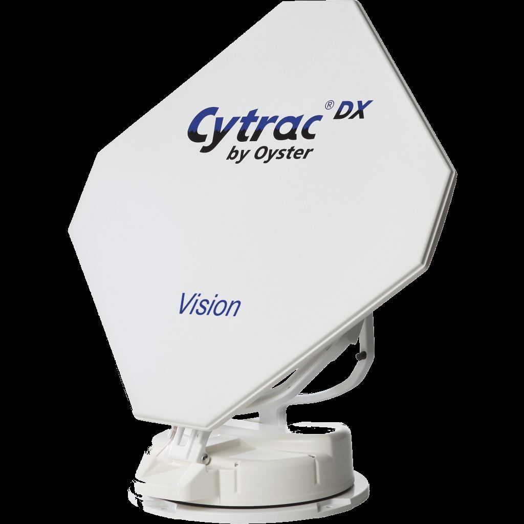 Eine weiße Satellitenschüssel mit der Aufschrift „Cytrac by Oyster“