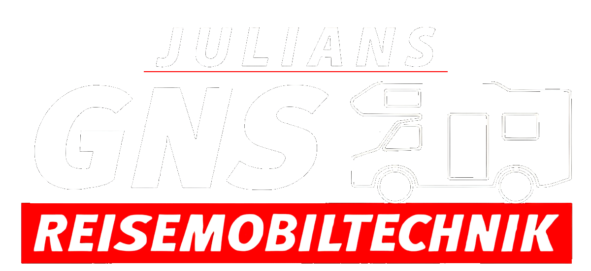 Ein weiß-rotes Logo für GNS Reisemobiltechnik auf weißem Hintergrund.