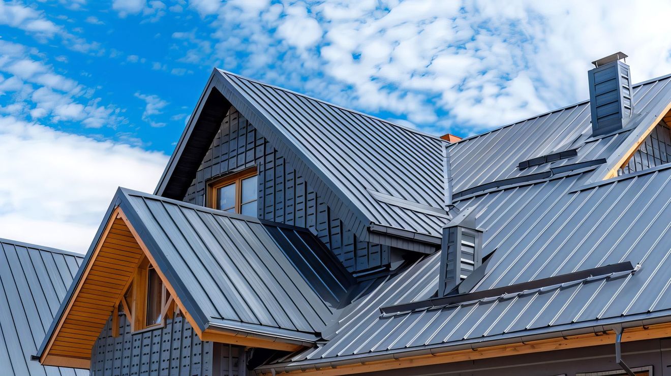 Una casa con techo de metal y un cielo azul al fondo.