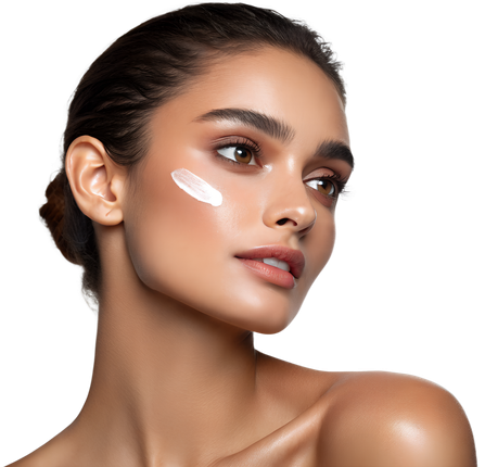 Une femme avec de la crème sur la joue