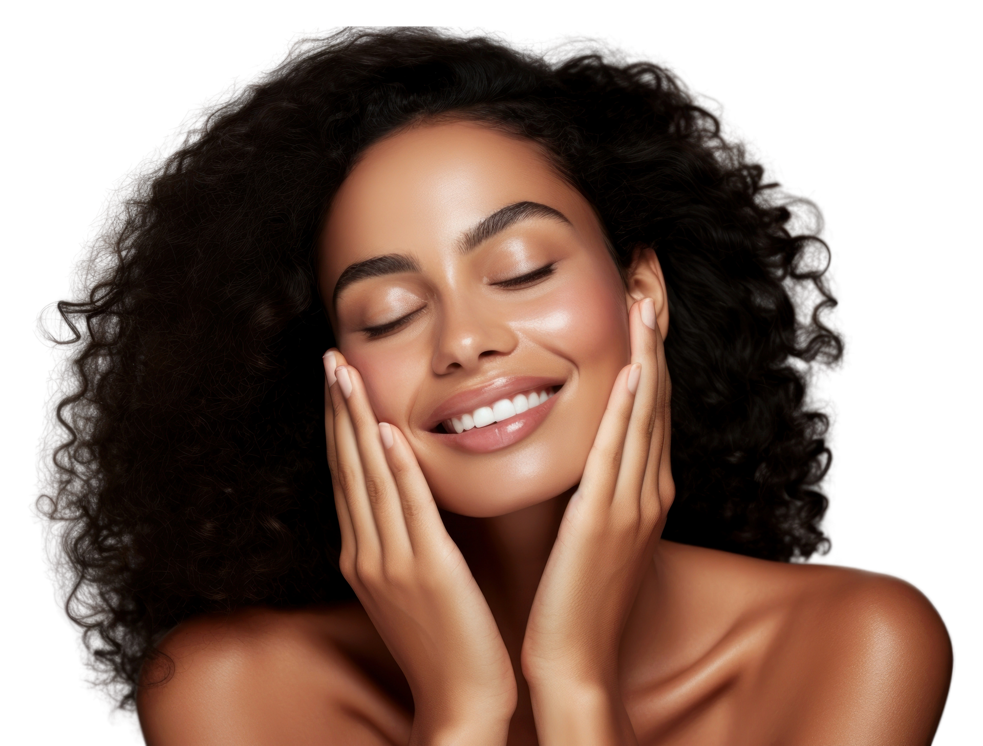 Une femme se caressant le visage avec ses deux mains