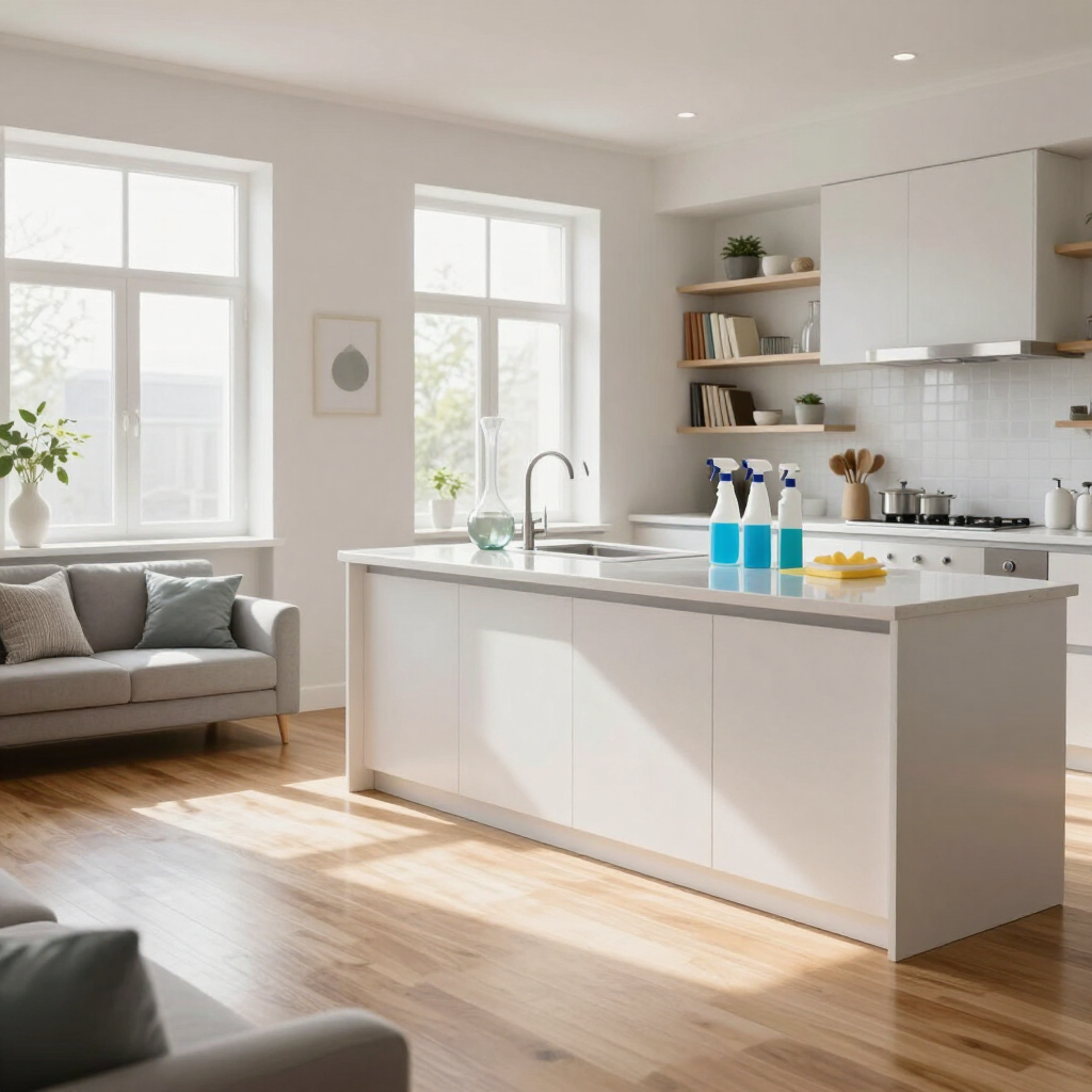 Cocina moderna y luminosa con isla, grandes ventanales, sofá gris y suelos de madera bañados por el sol.