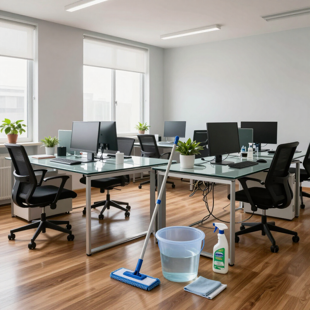 Oficina moderna con escritorios de cristal, sillas con ruedas, monitores y artículos de limpieza sobre un suelo de madera.