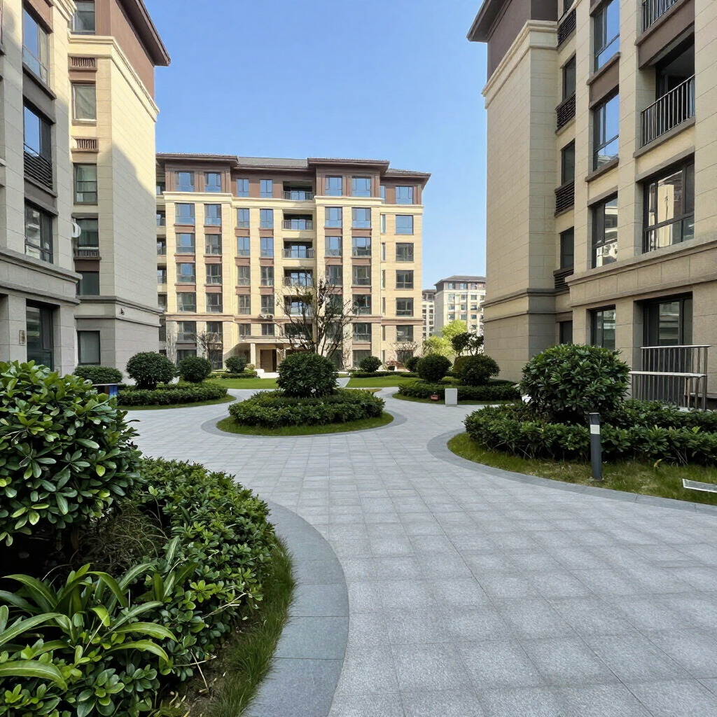 Patio residencial con sendero curvo de piedra