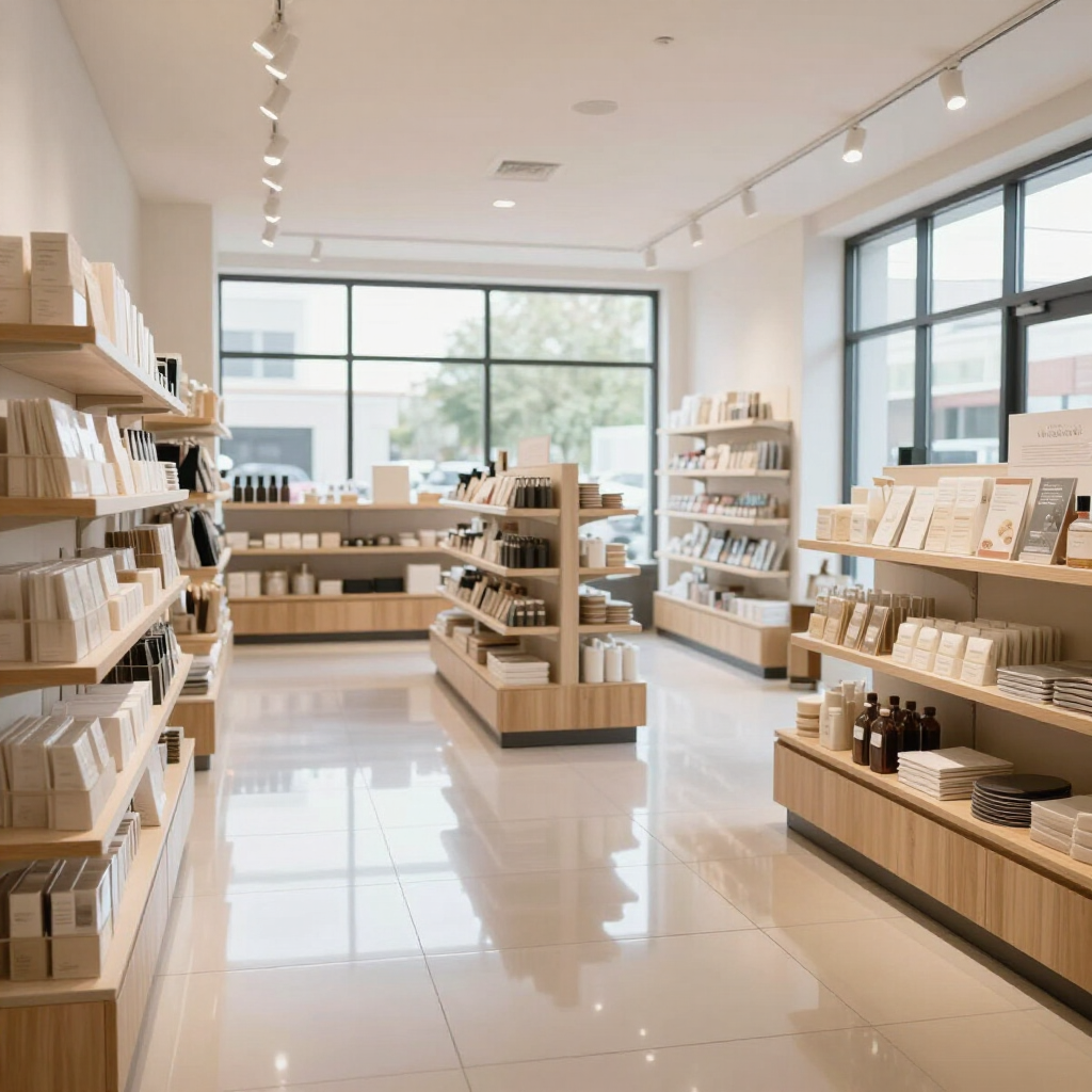 Librería luminosa y minimalista con estanterías de madera, libros y grandes ventanales en un interior soleado.