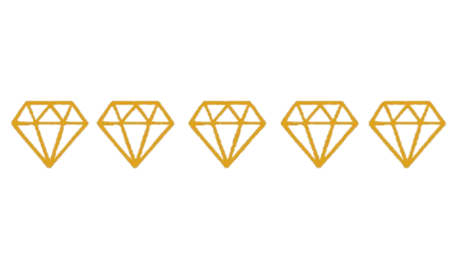 Fünf goldene Diamantsymbole in einer Reihe.