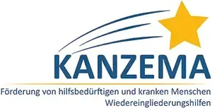 Logo für KANZEMA, eine gemeinnützige Organisation. Blauer Text mit Stern und geschwungenen Linien, darunter deutscher Text.