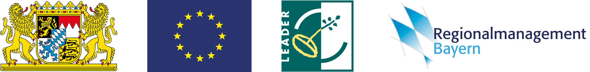Vier Logos nebeneinander: Großes Bayerisches Staatswappen, Europaflagge, LEADER, Regionalmanagement Bayern