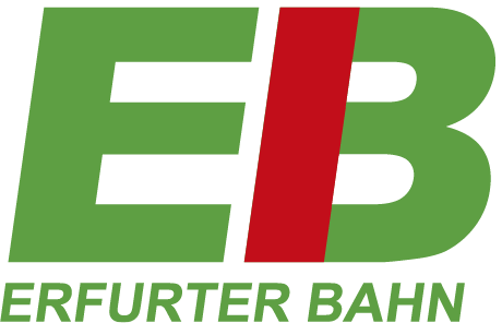 Logo der Erfurter Bahn, bestehend aus einem grünen E und einem grünen B mit rotem Balken, darunter der Schriftzug