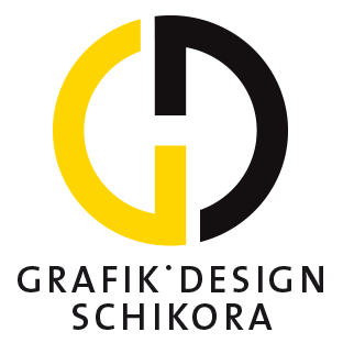 Logo der Agentur GrafikDesign Schikora, eine kreisförmige Bildmarke aus einem gelben G und einem schwarzen D