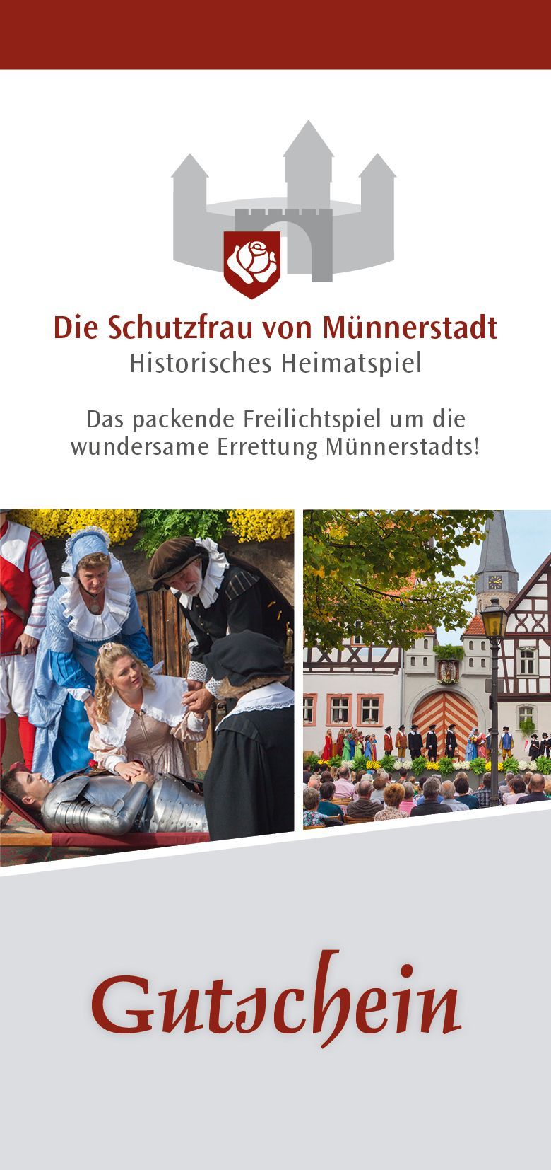 Bild eines Gutscheins für das historische Heimatspiel mit dem Logo und Fotos vom Theaterstück