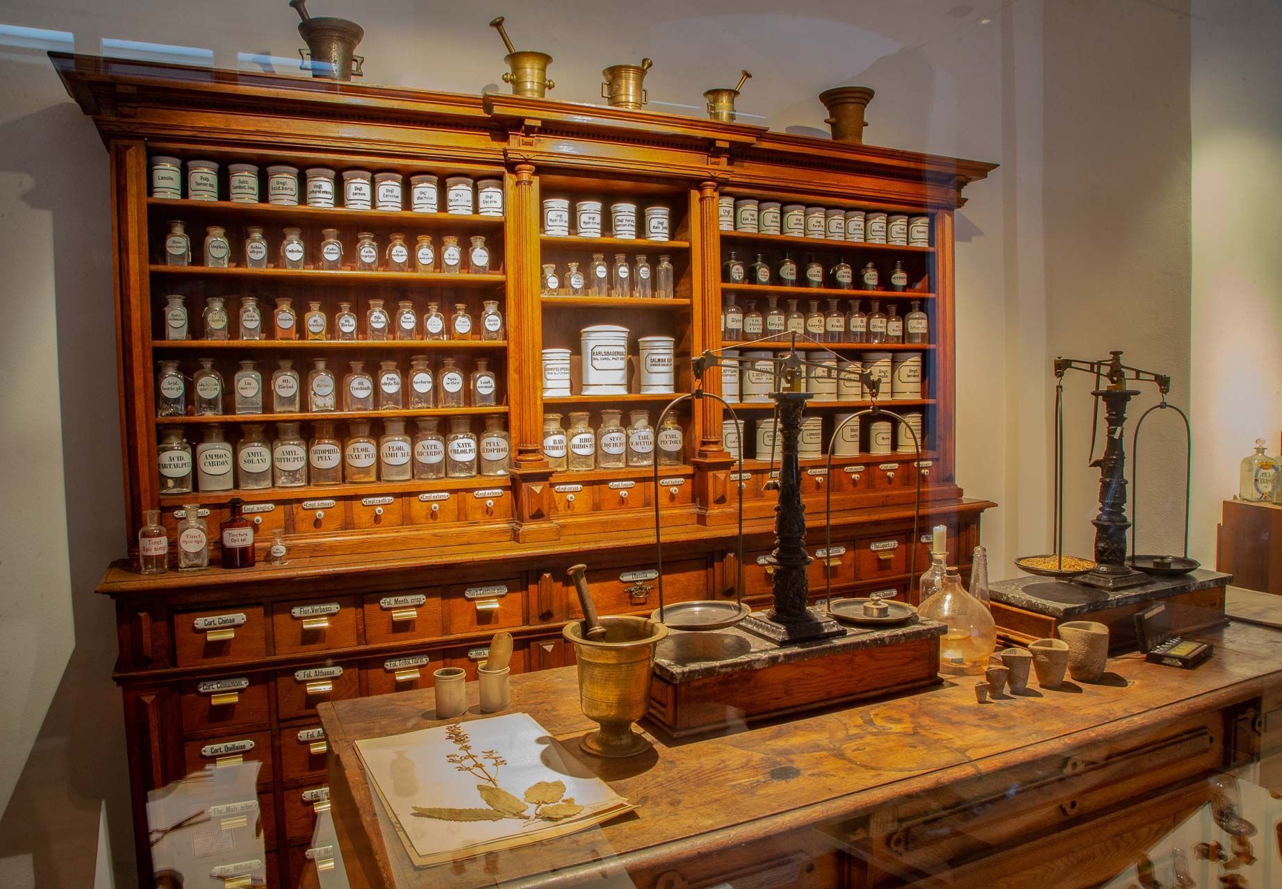 Eine historische Apothekeneinrichtung mit Verkaufstresen, dahinter ein Regal mit verschiedenen Glasflaschen