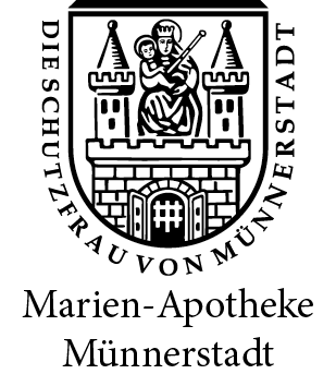 Logo der Marienapotheke bestehend aus einer wappenförmigen Bildmarke mit Stadttor und Muttergottes mit Jesuskind. 