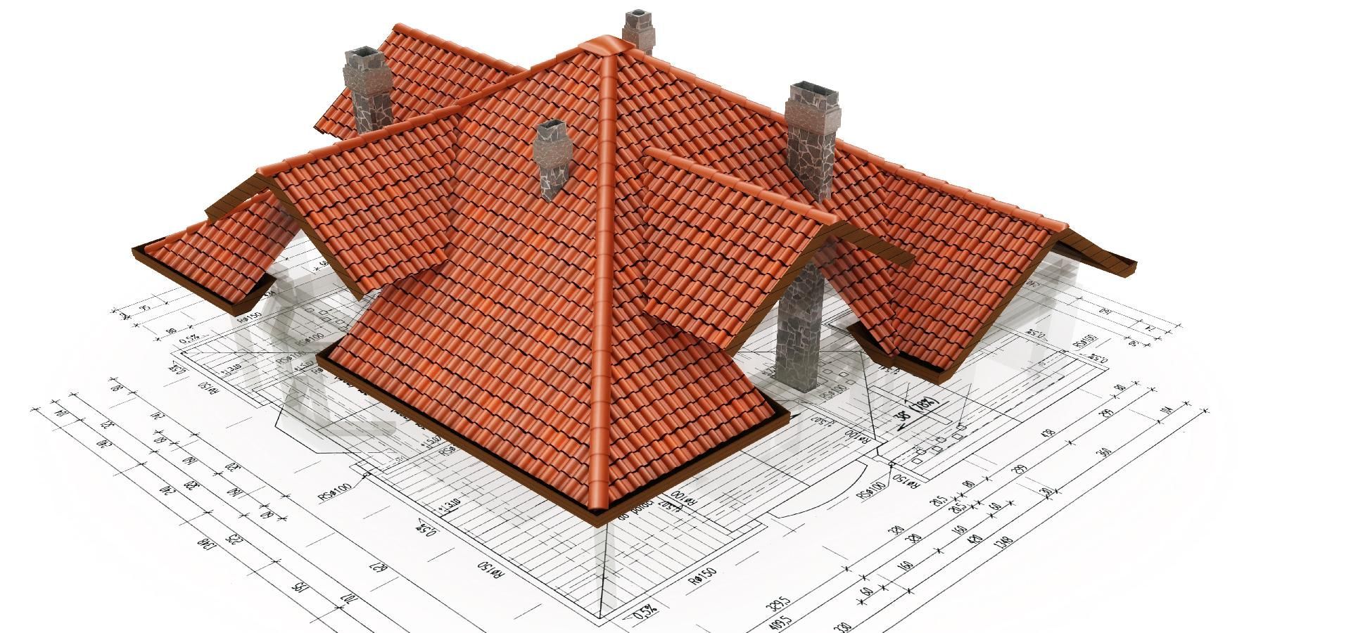 Eine Zeichnung eines Dachs mit roten Ziegeln und Schornsteinen auf weißem Hintergrund.