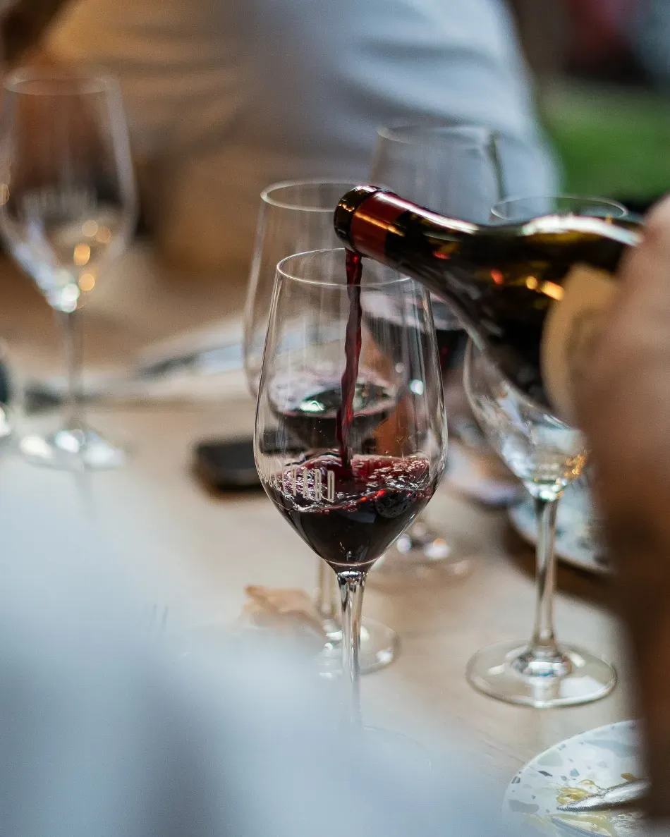 Se sirve vino en una copa en una mesa con otras copas de vino vacías.