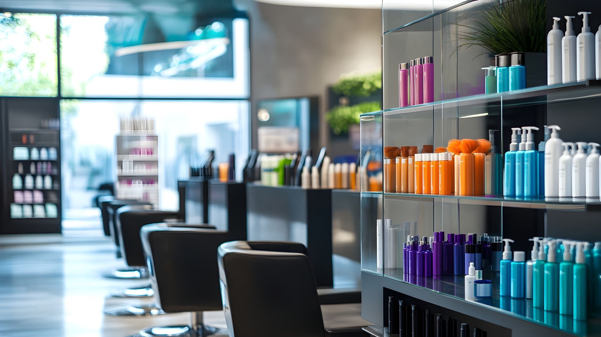 Ein Friseursalon mit vielen Haarprodukten in den Regalen