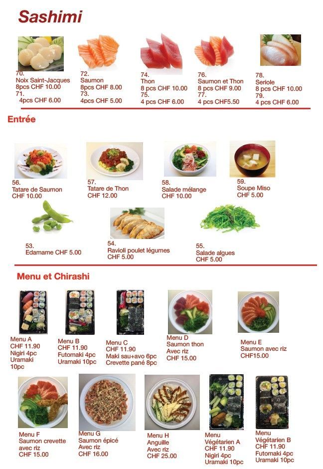 Page de menu présentant sushis, plats principaux et rouleaux sous forme de petites photos, avec le nom et le prix des plats.