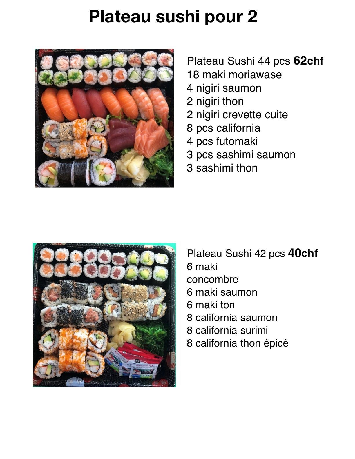 Deux plateaux de sushis : un pour deux personnes avec 44 pièces, et l’autre avec 42 pièces. Texte descriptif du contenu et des prix.
