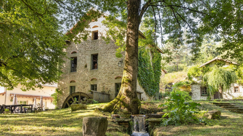 Ancien moulin en pierre avec roue à aubes dans un cadre verdoyant luxuriant.