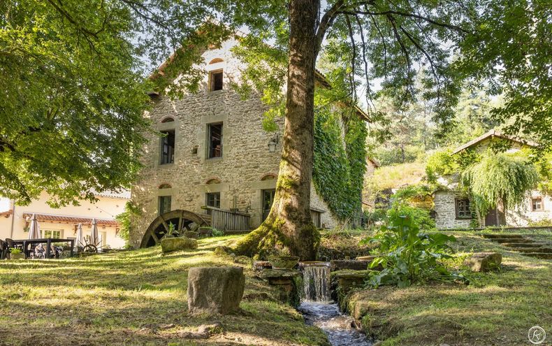 Ancien moulin en pierre avec roue à aubes, ruisseau et arbres environnants dans un cadre verdoyant et luxuriant.