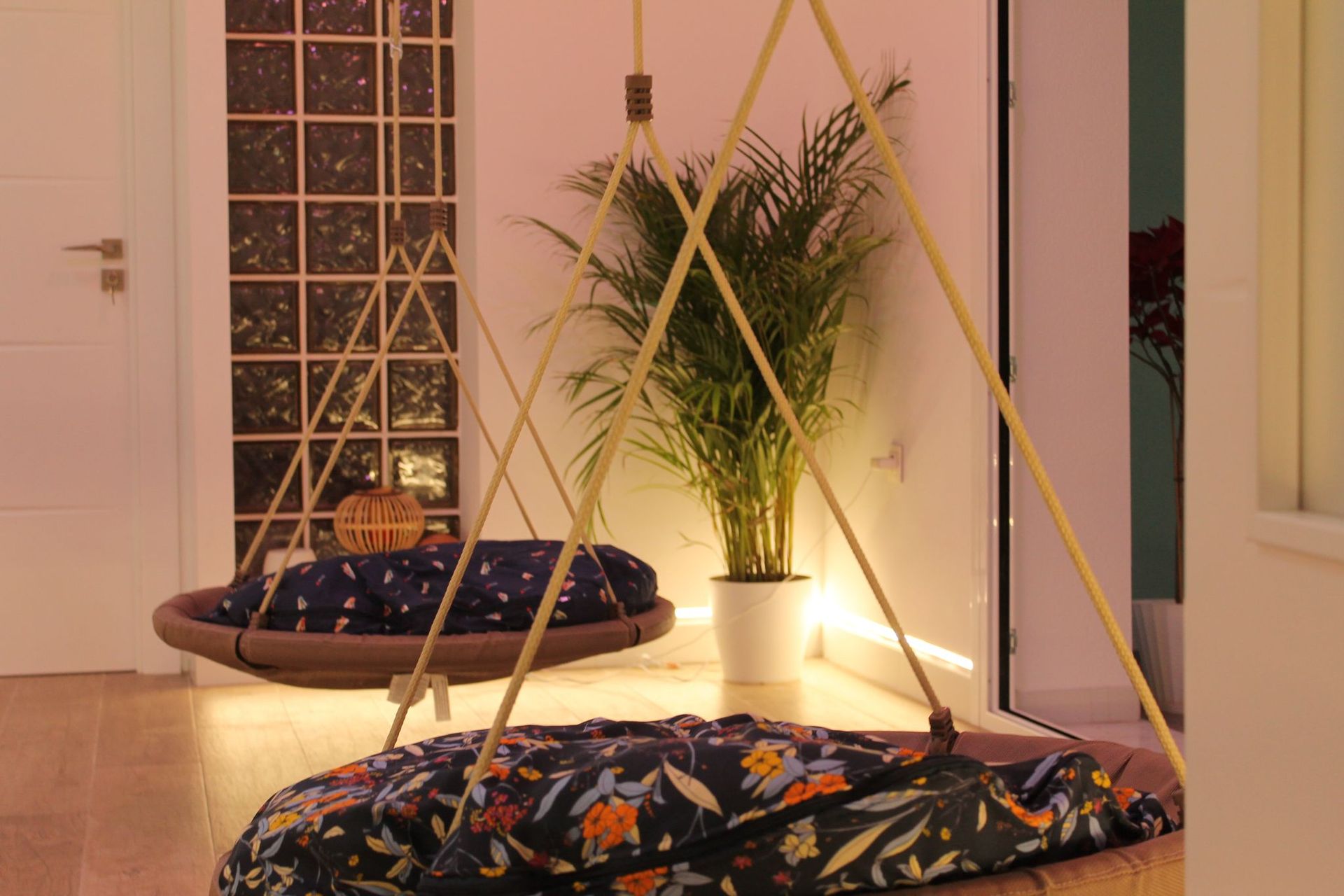 Un gato está durmiendo en una silla colgante en una habitación.