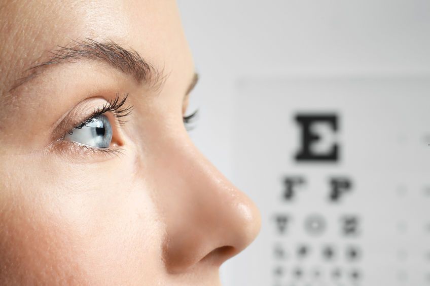 Un primer plano del ojo de una mujer mirando una tabla optométrica.