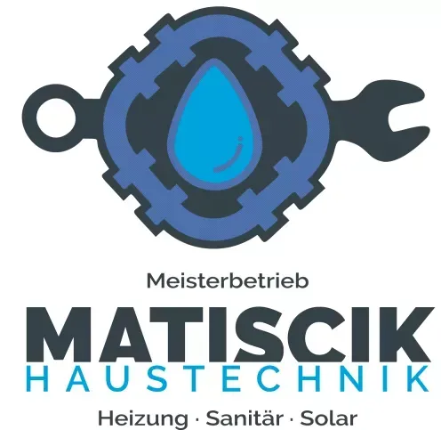 Logo für Matiscik Haustechnik, ein Sanitär- und Solarunternehmen, mit einem Zahnradschlüssel-Design und Wassertropfen.