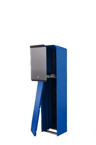 Freistehender Händedesinfektionsmittelspender in Blau und Grau.