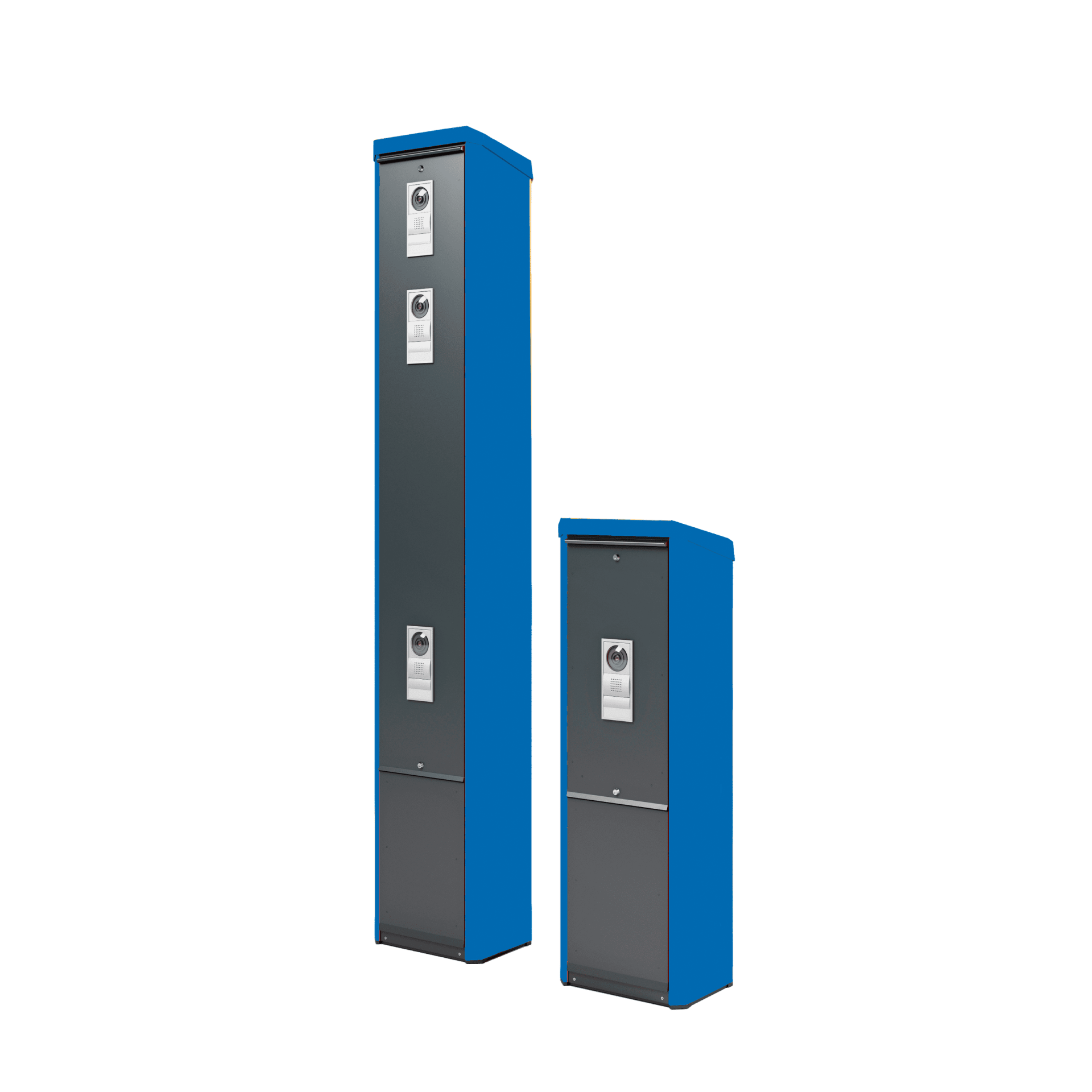 Zwei blau-graue Metallspinde unterschiedlicher Höhe stehen vor einem weißen Hintergrund.