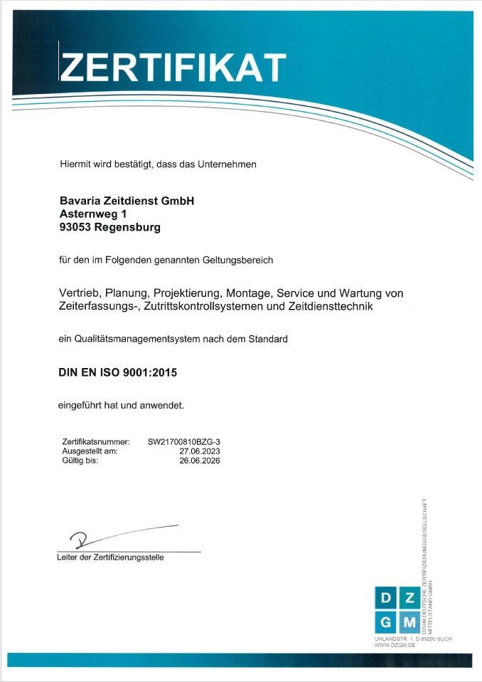 Certificate for Bavaria Zahnarzt GmbH, Regensburg, meeting DIN EN ISO 9001:2015 standards.