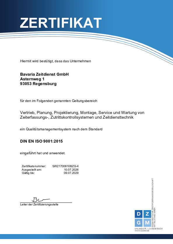 Certificate for Bavaria Zahnarzt GmbH, Regensburg, meeting DIN EN ISO 9001:2015 standards.