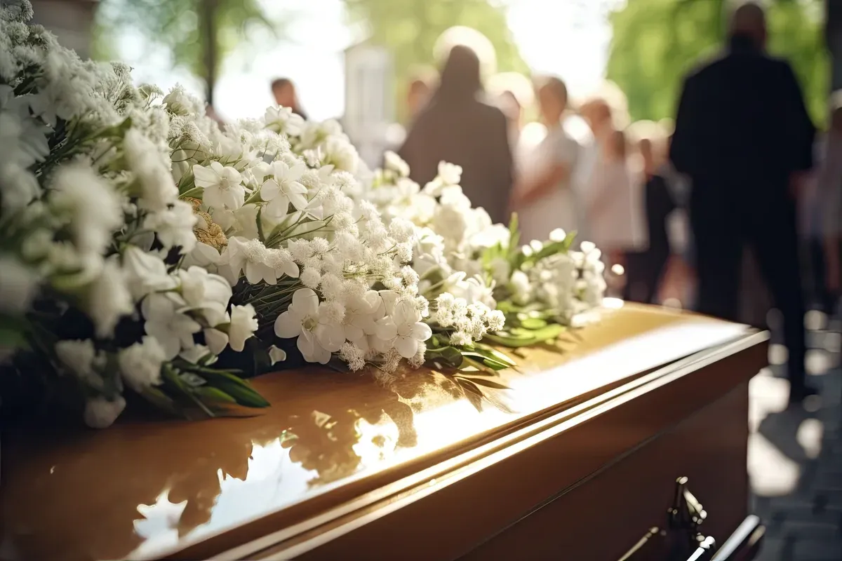 Ein mit weißen Blumen bedeckter Sarg steht vor einer Menschenmenge bei einer Beerdigung.