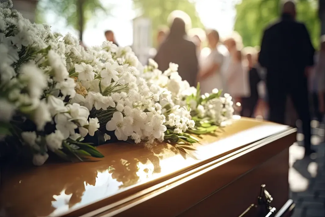 Ein mit weißen Blumen bedeckter Sarg steht vor einer Menschenmenge bei einer Beerdigung.