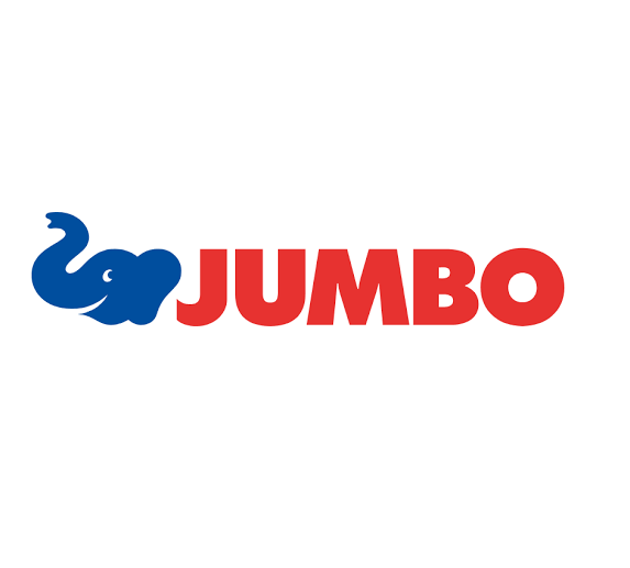 Blaues Elefantenlogo mit dem Wort „JUMBO“ in Rot.