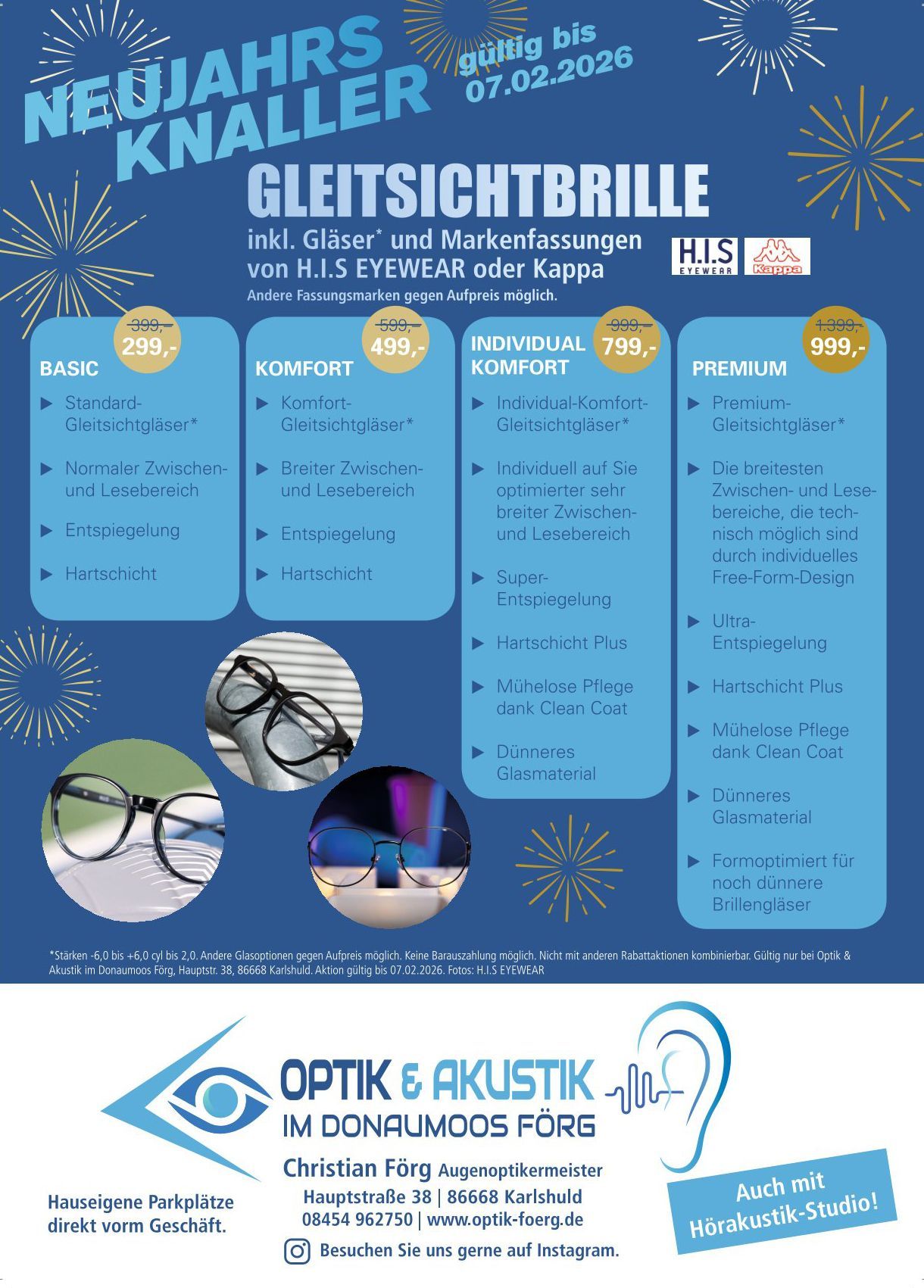 Flyer mit Werbung für Gleitsichtbrillen von NLS Eyewear oder Essilor, mit vier Paketoptionen und Preisen.