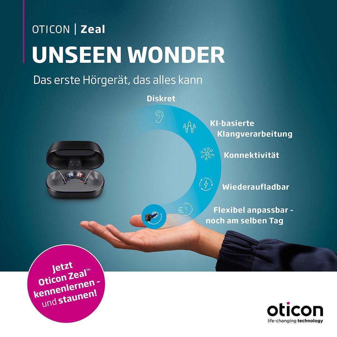 Werbung für das Hörgerät Oticon Zeal. Zeigt ein Hörgerät, eine Hand und Symbole mit deutschem Text.