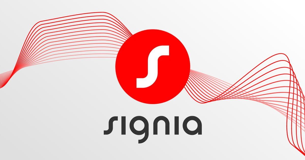 Ein Signia-Logo mit einem roten Kreis und Wellen