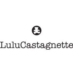 Ein schwarz-weißes Logo für Lulucastagne mit einem Teddybären im Kreis.