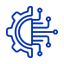 Icono de cerebro azul con forma de circuito, una rueda dentada y un punto central, que simboliza la tecnología de IA.